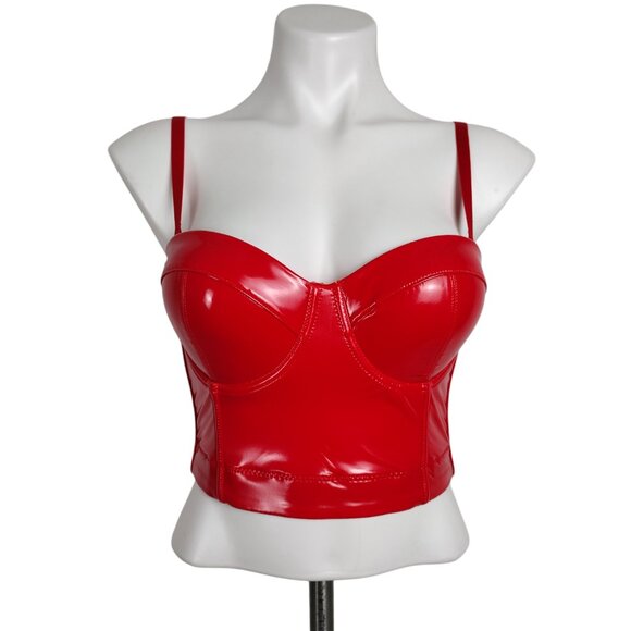 Red Convertible Shiny PU Leather Wet Look Bustier Corset Crop Top - Picture 1 of 9